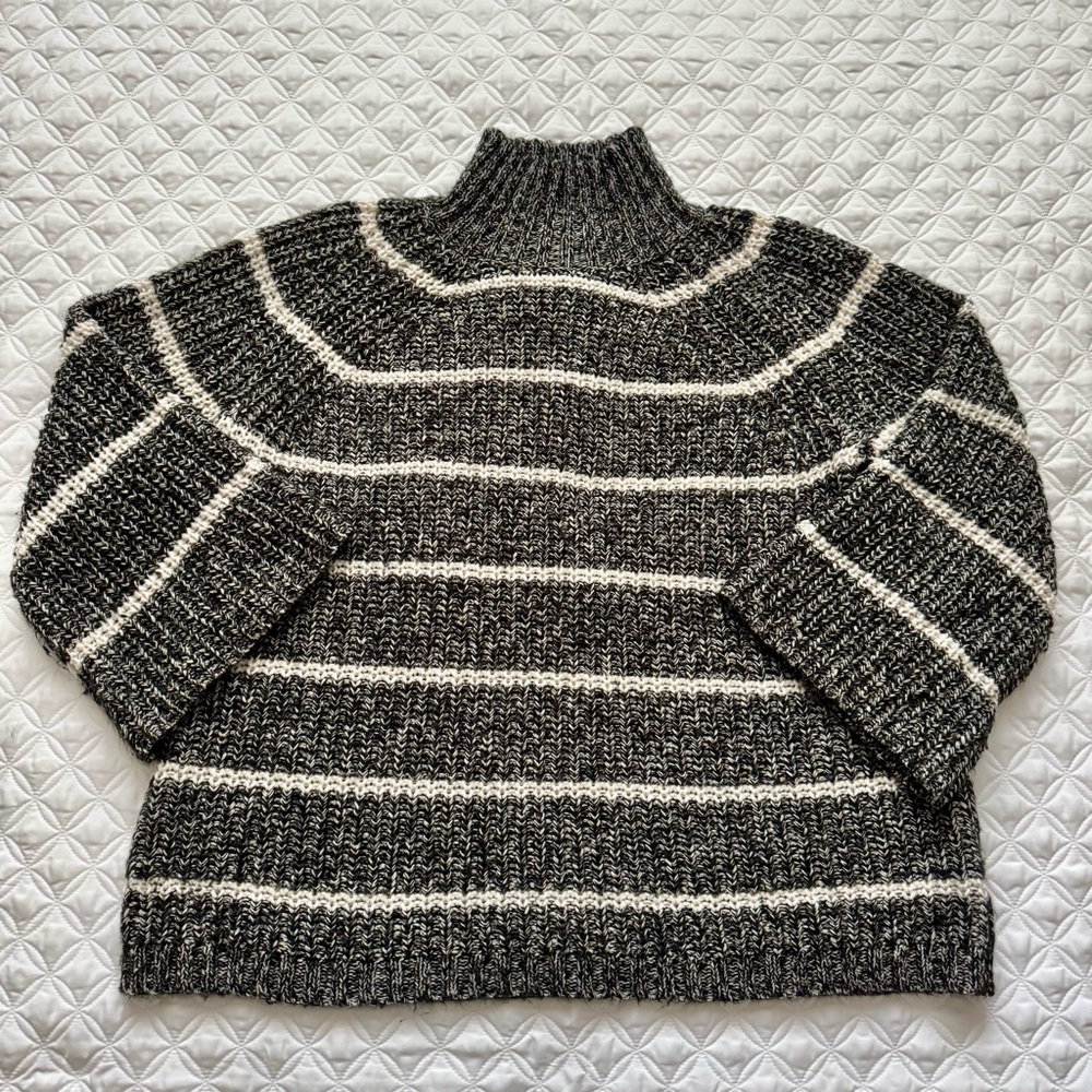 Chaps Gray Cream Striped Knit Mock Neck 3/4 Flare Sleeve Sweater Size XL